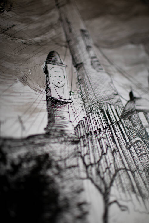 Drawing of a futuristic city with a giant tower in the background