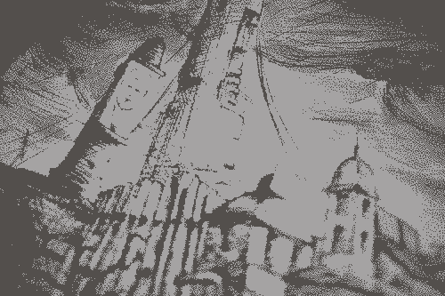 Drawing of a futuristic city with a giant tower in the background
