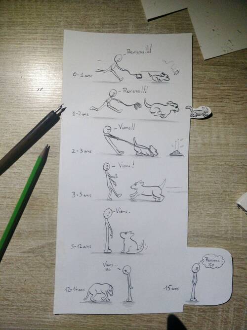 A picture of a black and white comic strip : 0 - 1 year: A master running after their little puppy shouting ‘Come back !!!’ with compassion. The puppy runs after a butterfly. 1 - 2 years: The same master running after their adult dog shouting ‘Come back !!!’ with frustration. The dog runs after a cat. 2 - 3 years: The master holding the leash with annoyance, saying ‘Come !!’ The dog tries to go feel a poo. 3 - 5 years: The master calls their dog ‘Come !’, frightened, taking a step back while the dog is running on them. 5 - 12 years: The master talking and smiling to their dog ‘Come.’. The dog is sitting calmly and attentively in front of its master. 12 - 14 years: The dog walks slowly behind its master. The master nicely and sadly asking it : ‘Please, come…’ 15 years: The master is alone, they cry and they think ‘Please, come back..’