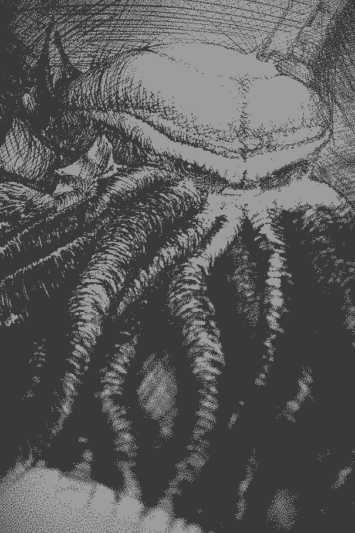 Dessin d’une homme qui a peur en voyant Cthulhu sortir de l’eau derrière un phare.