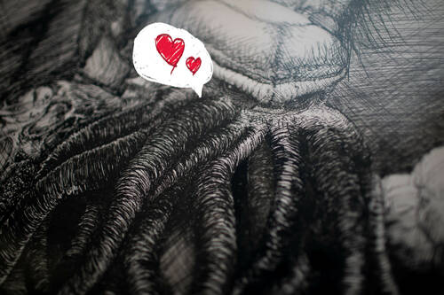 A scary Cthulhu drawn in china ink with small cute hearts