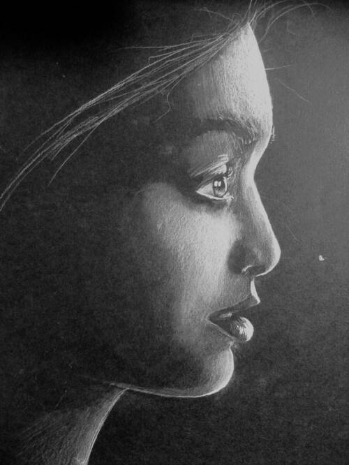 A young woman drawn on a black background