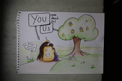 A drawing of a pear leaving its tree