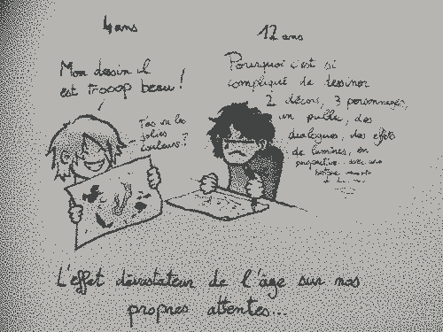 watercolour of a young boy and a teenager. The little boy shows his drawing off with a large smile to the teenager that seems to be depressed. The young boy’s drawing clearly resembles abstract slugs. 4 years: ‘My drawing is soooooo beautiful! (Have you seen the pretty colors?) 12 years: ‘[more and more small and illegible] Why is it so complicated to draw 2 sets, 3 characters, an audience, dialogues, light effects, in perspective, with a story,… … …’ Subtitle: ‘The devastating effect of age on our own expectations…’
