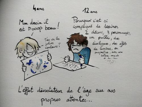 watercolour of a young boy and a teenager. The little boy shows his drawing off with a large smile to the teenager that seems to be depressed. The young boy’s drawing clearly resembles abstract slugs. 4 years: ‘My drawing is soooooo beautiful! (Have you seen the pretty colors?) 12 years: ‘[more and more small and illegible] Why is it so complicated to draw 2 sets, 3 characters, an audience, dialogues, light effects, in perspective, with a story,… … …’ Subtitle: ‘The devastating effect of age on our own expectations…’