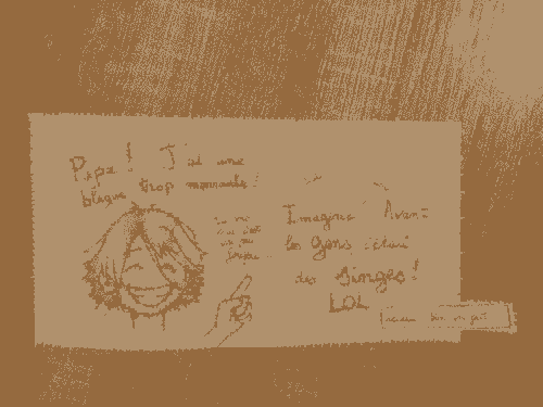 A aquarel of a smiling young blond kid with long hair. With this caption in french on the picture : ‘Dad ! I have a very funny joke ! (you’ll see, it’s a little craaazy…) Just imagine …. (lol lol) Before… People, they were MONKEYS ! LOL’