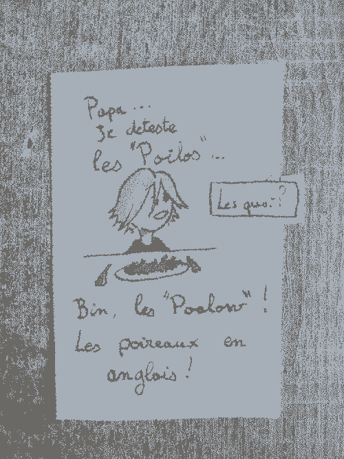 An aquarel of a long hair blond child siting in front of a plate of vegetables. Translated from french : - ‘dad, I really hate Poalows’ - ‘You hate what&nbsp;?’ - You know, Poalows ! ‘Poireaux’ in english.