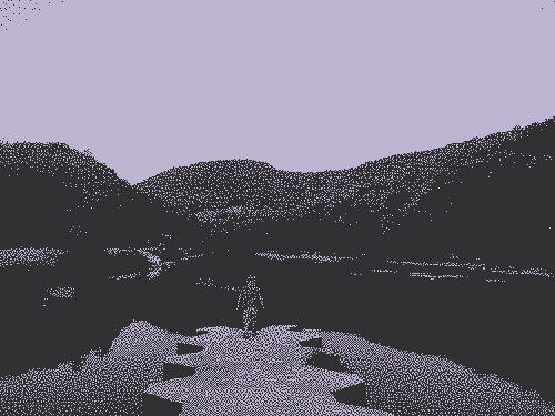 A child walking on a concrete block in the middle of a river