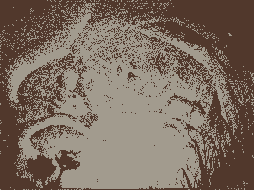 A drawing of a child and on skeleton monster looking calmy at each other. The scene takes place in a swamp in a forest. The forest is so dense, it looks like a cave. The water seems to glow. There’s a little ant in the foreground.