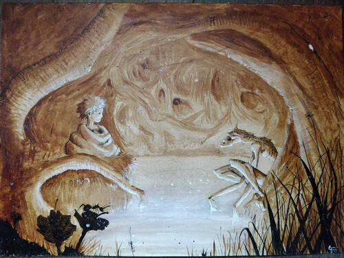A drawing of a child and on skeleton monster looking calmy at each other. The scene takes place in a swamp in a forest. The forest is so dense, it looks like a cave. The water seems to glow. There’s a little ant in the foreground.