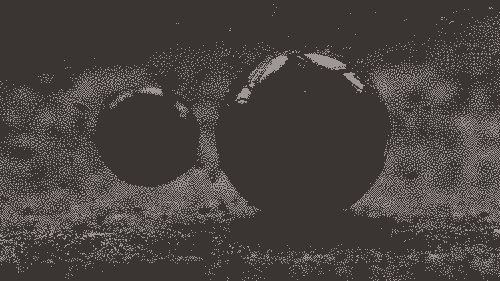 3D rendered image representing a strange red sphere and some little one which gravitate around the big one.