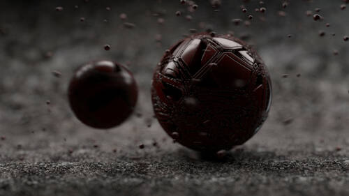 3D rendered image representing a strange red sphere and some little one which gravitate around the big one.