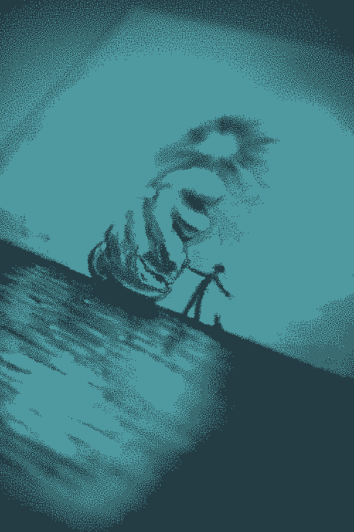 Drawing of a man standing next to a strange rock at the top of which shines a light.