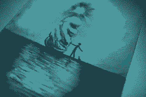 Drawing of a man standing next to a strange rock at the top of which shines a light.