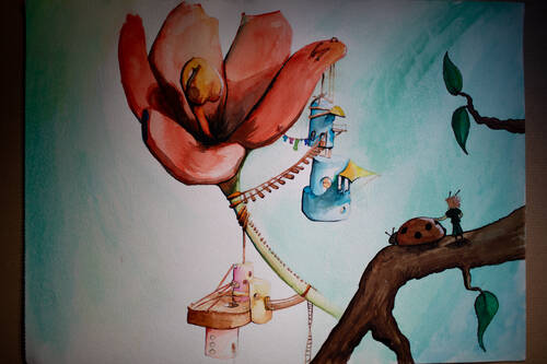 Dessin complet de la petite maison sur une fleur